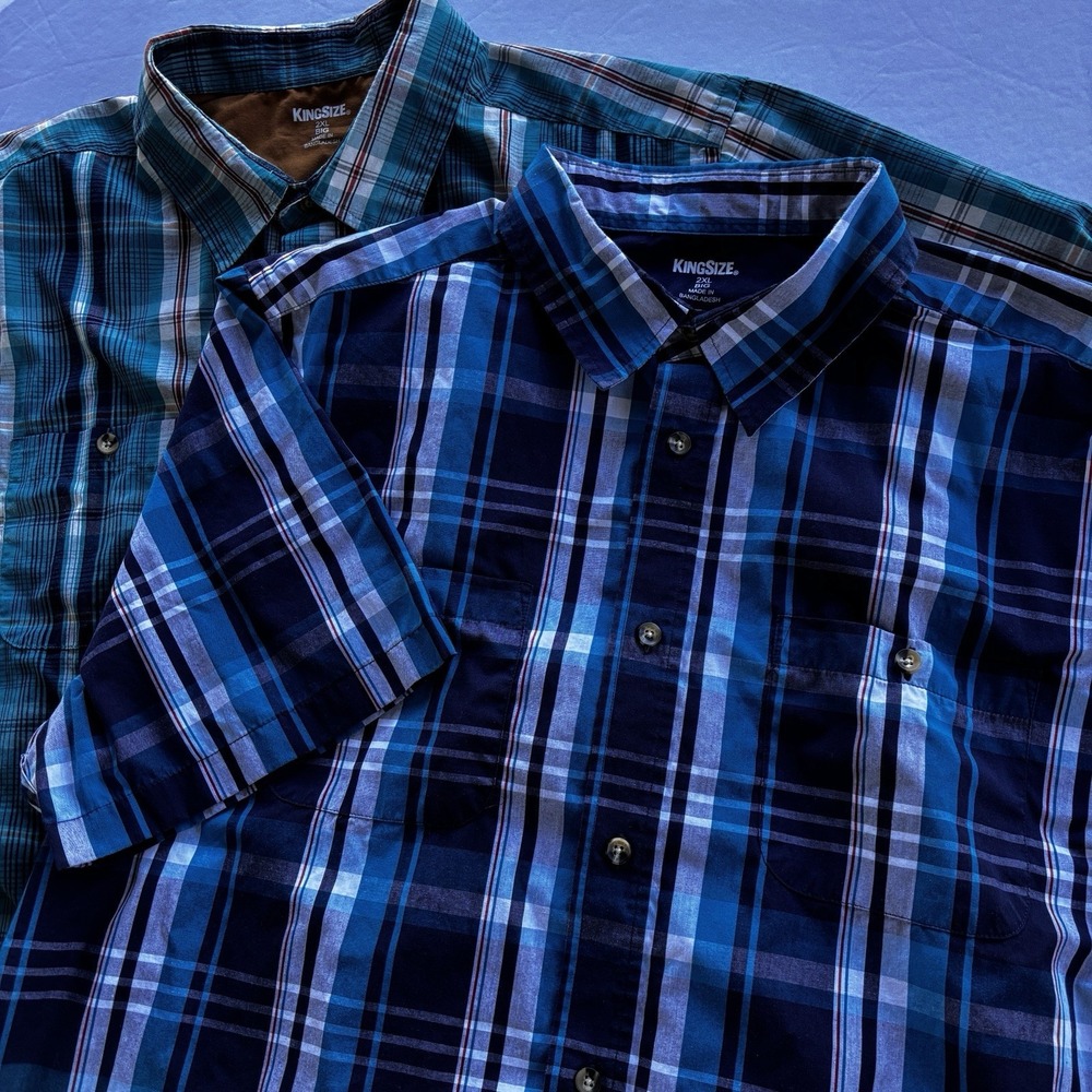 KingSize Men's 2XL Big Plaid Button Up Short Sleeve Shirts Lot of 2 Cotton Blend